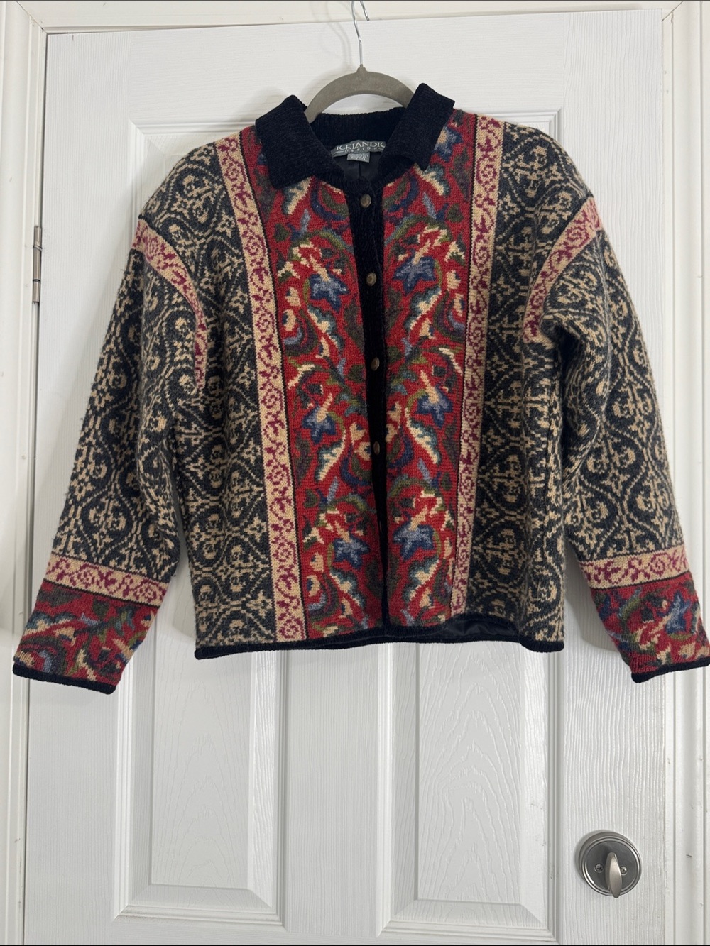 Woolrich Red and Black Fair Isle-Inspired Button Cardigan Jacket